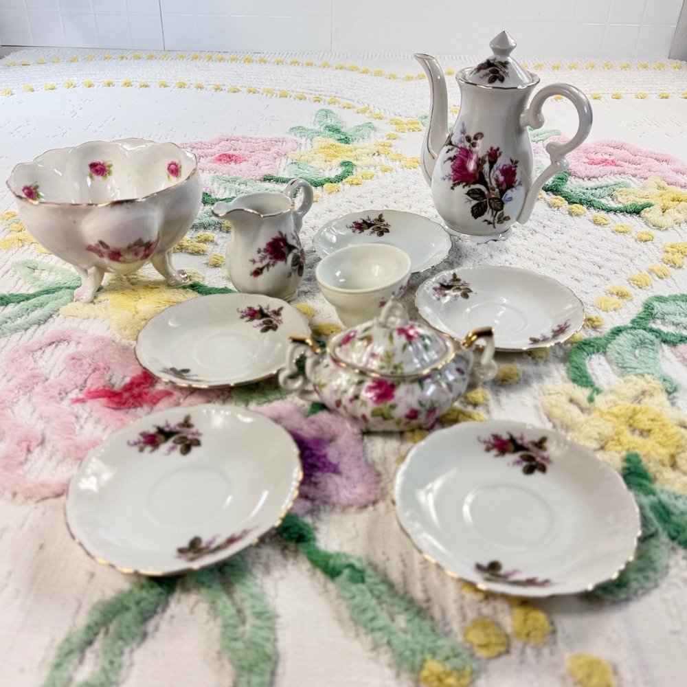 Vintage Miniature Porcelain Tea‎ Set Pink Rose Gold Trim Teapot Sugar Creamer